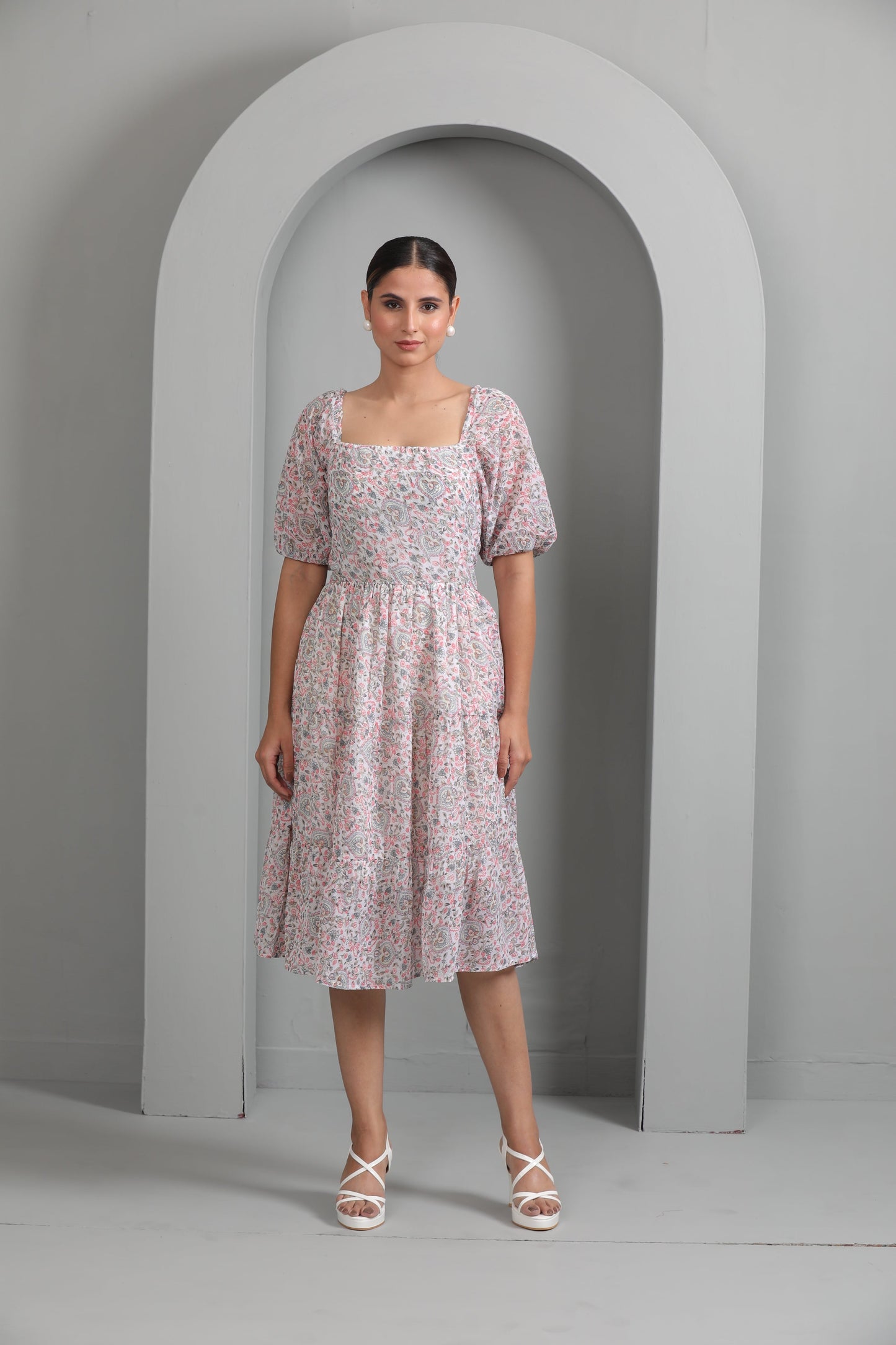 WHITE FLORAL GEORGETTE DRESS