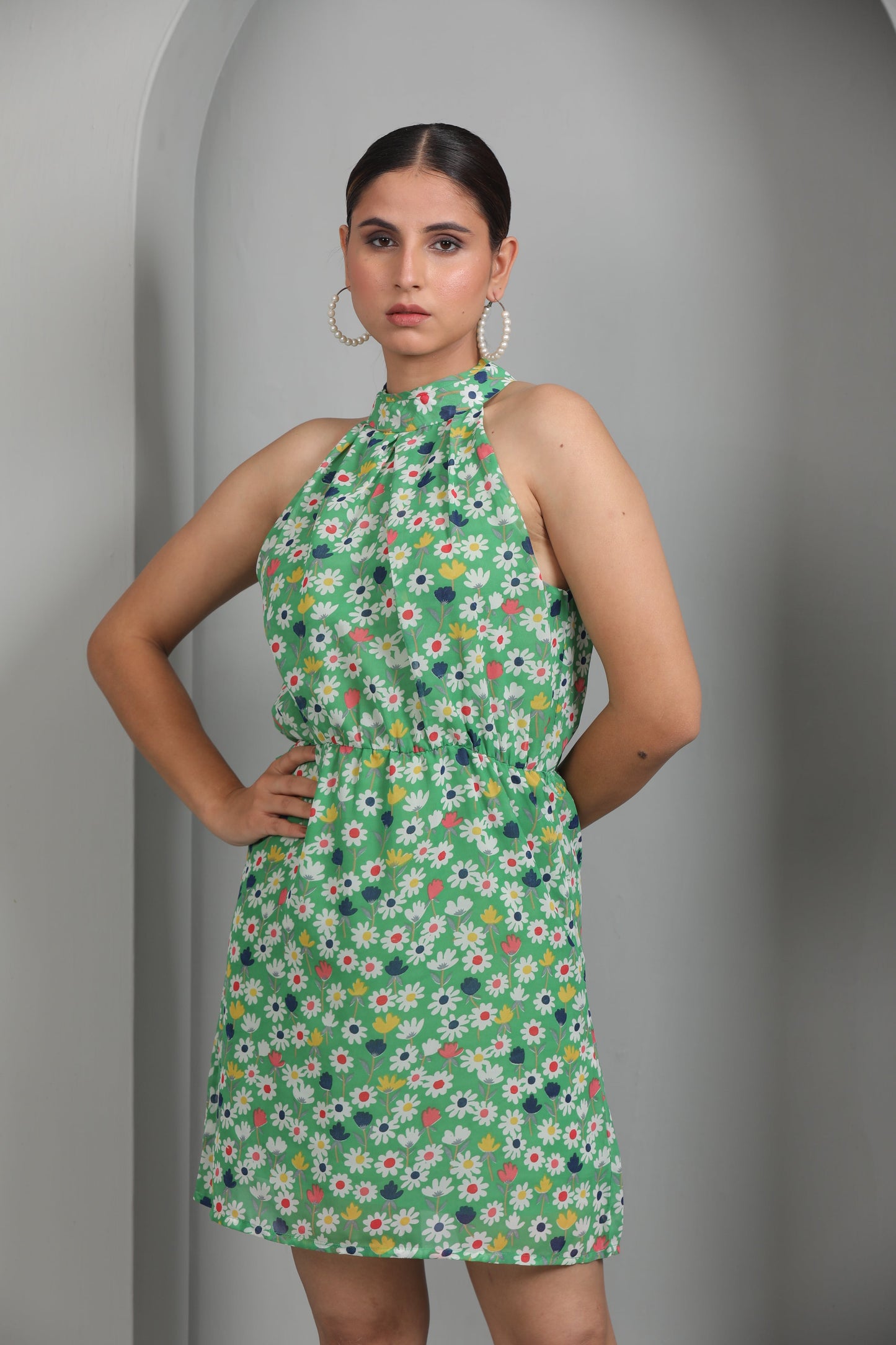 BRIGHT GREEN HALTER NECK DRESS