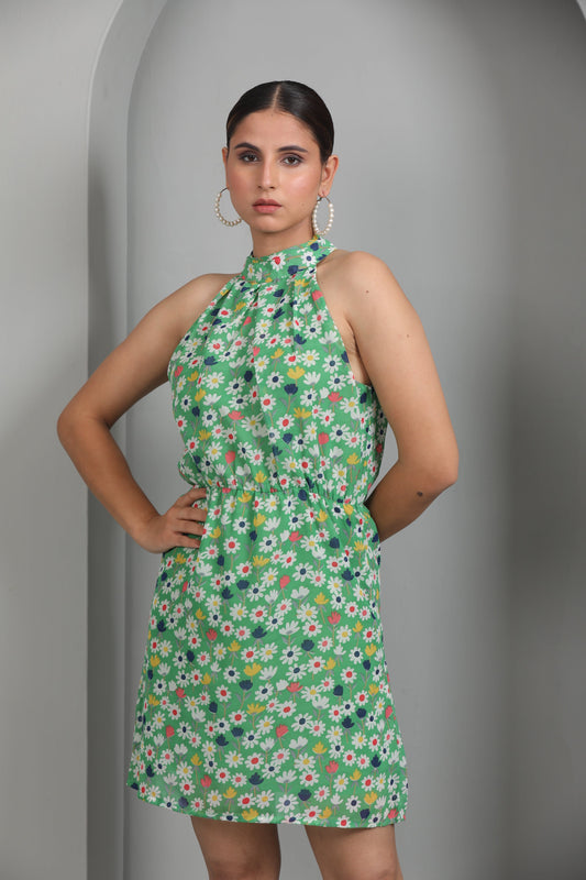 BRIGHT GREEN HALTER NECK DRESS