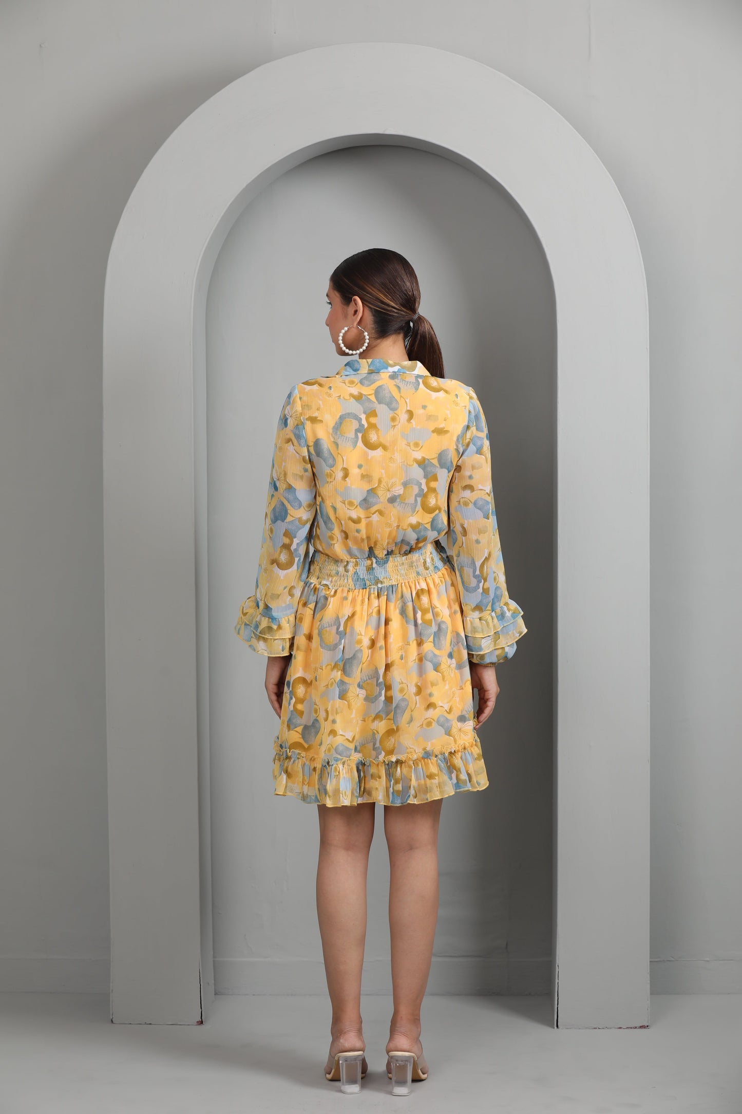 YELLOW PRINTED SHIRT DRESS