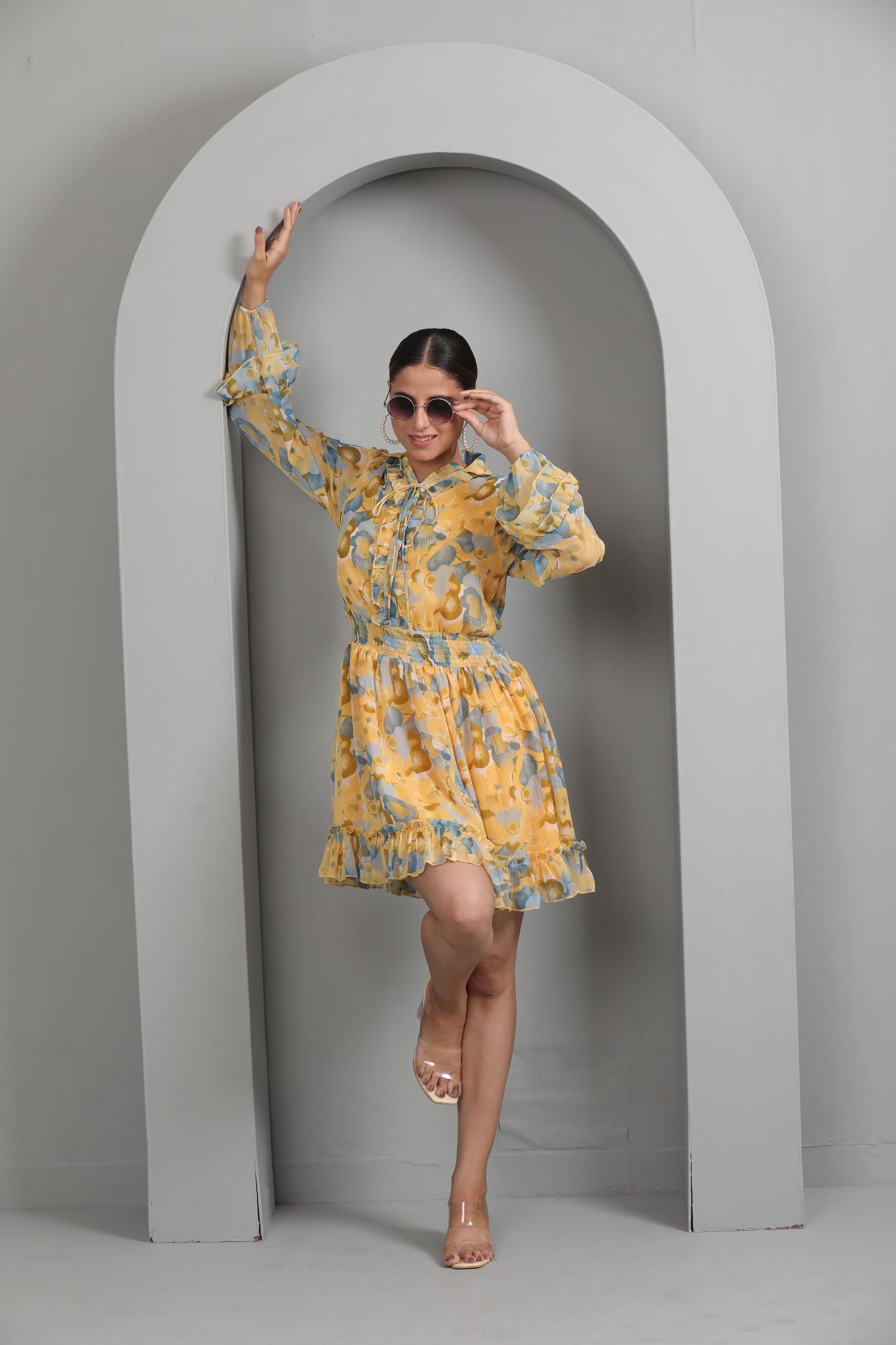 YELLOW PRINTED SHIRT DRESS