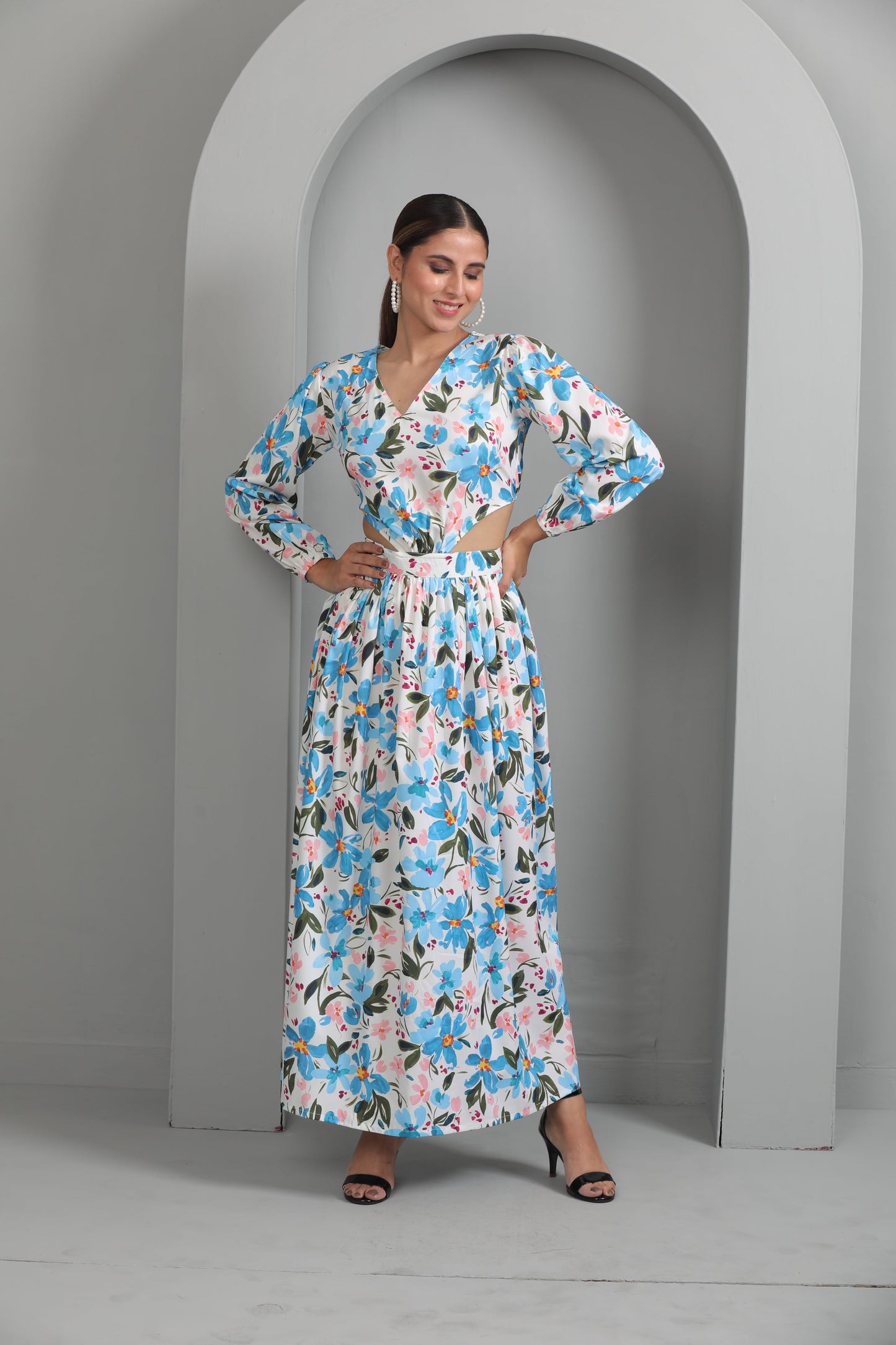 FLORAL SIDE CUT OUT LONG GOWN