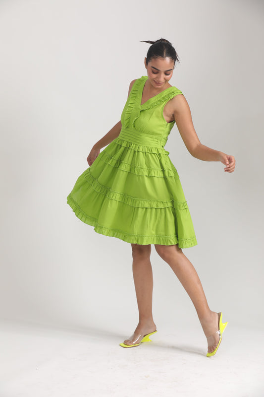 GREEN SLEEVELESS RUFFLE DRESS
