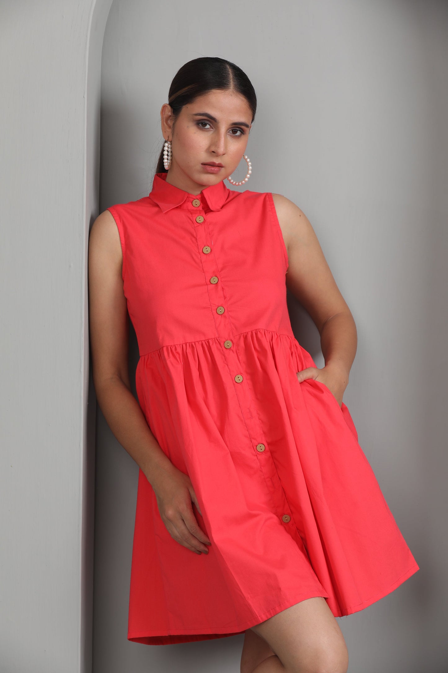 CRIMSON BUTTON DOWN DRESS