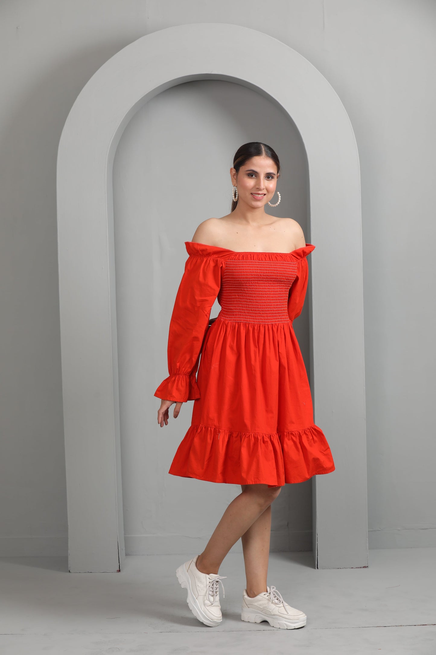 COTTON SMOCKING RUST DRESS