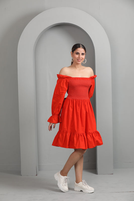 COTTON SMOCKING RUST DRESS