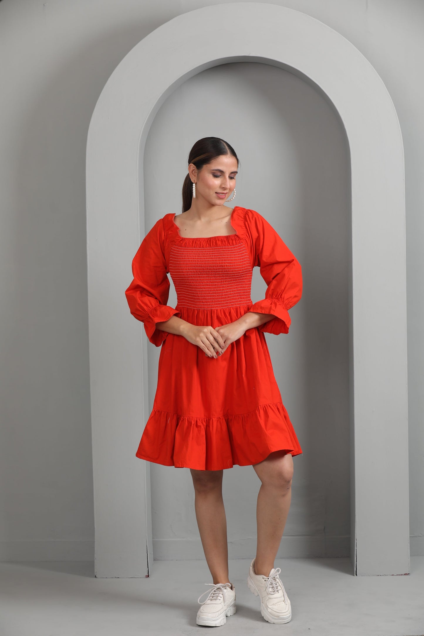 COTTON SMOCKING RUST DRESS