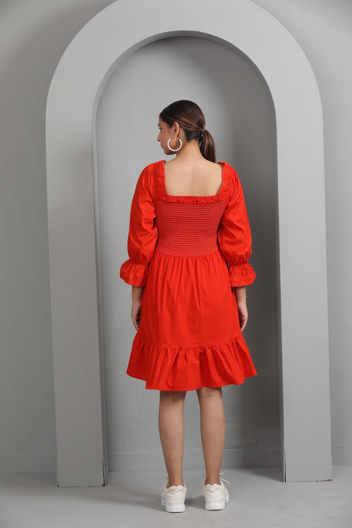 COTTON SMOCKING RUST DRESS