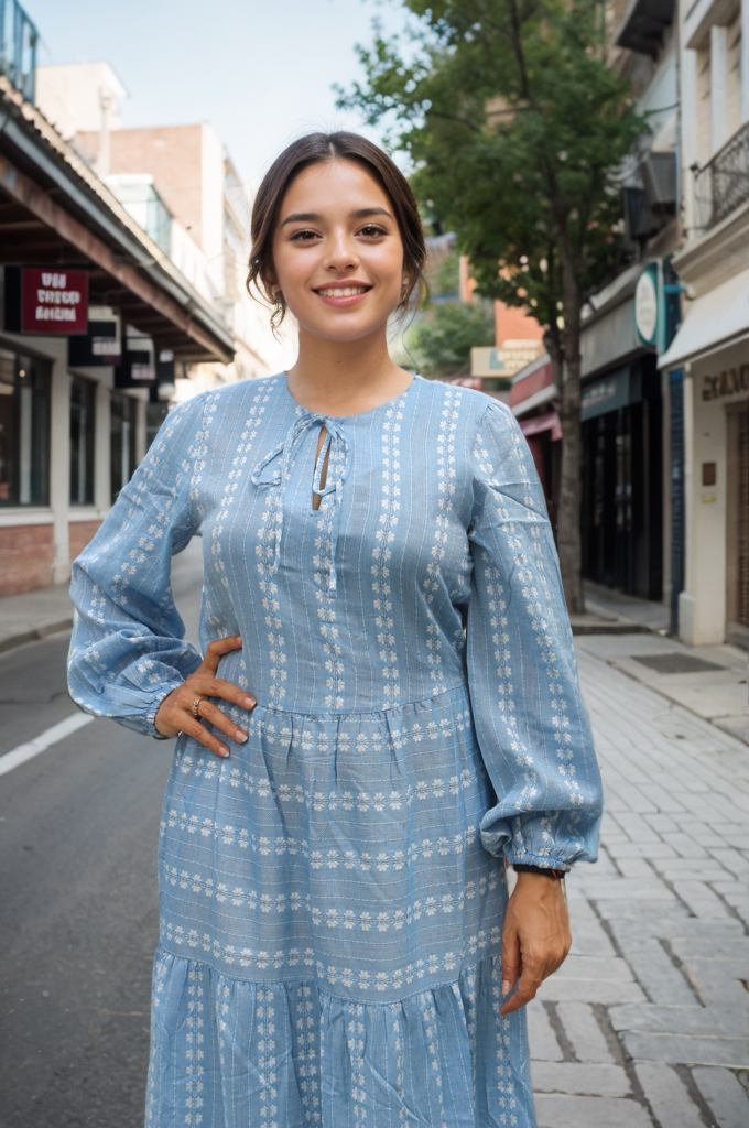 SKY BLUE PRINTED COTTON DRESS NC 05