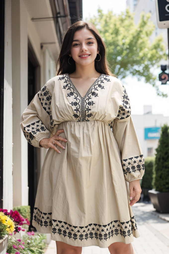 BEIGE EMB SHORT DRESS