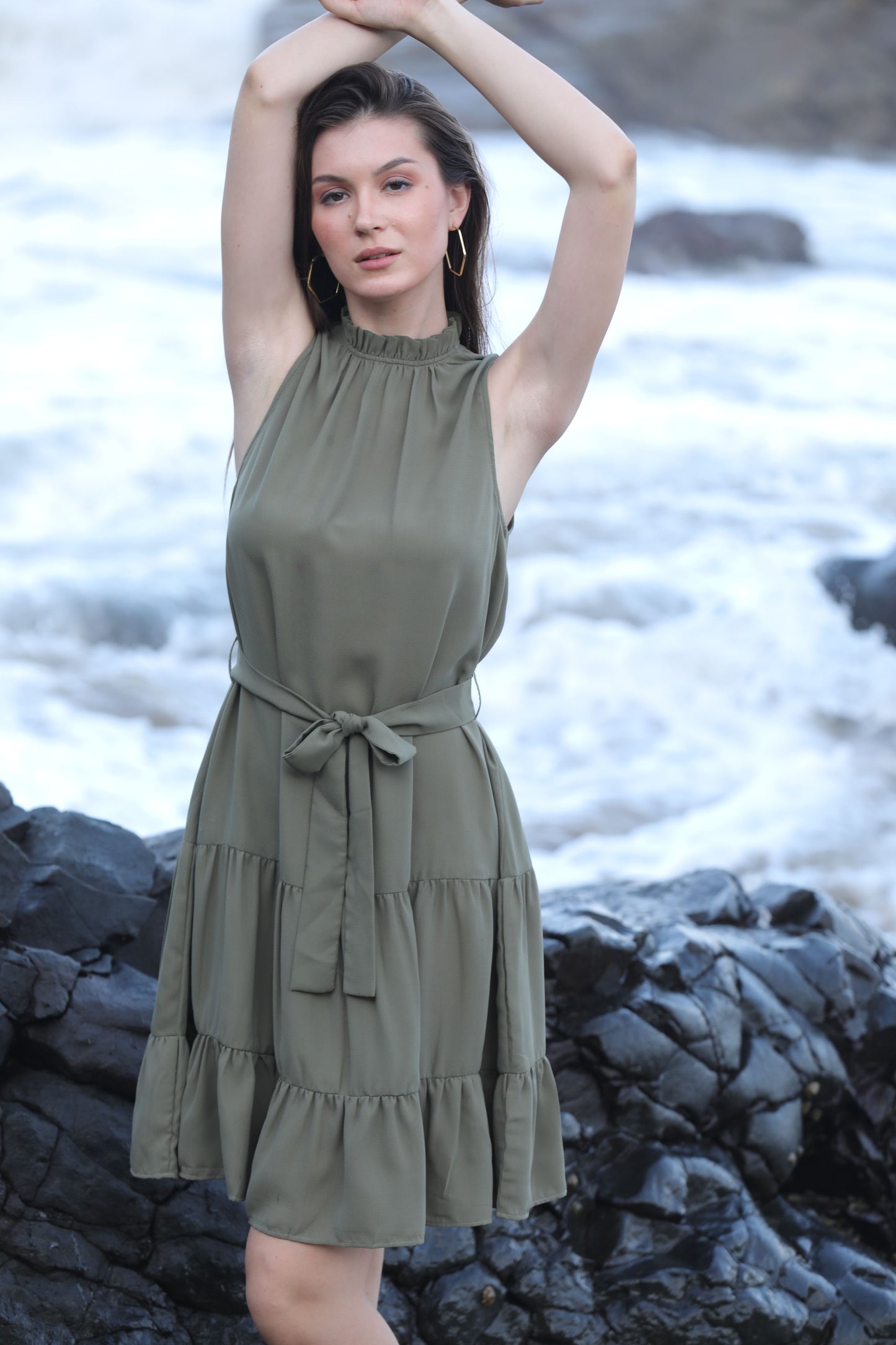 BRAHMOS SLEEVLESS DRESS WITH BELT - OLIVE