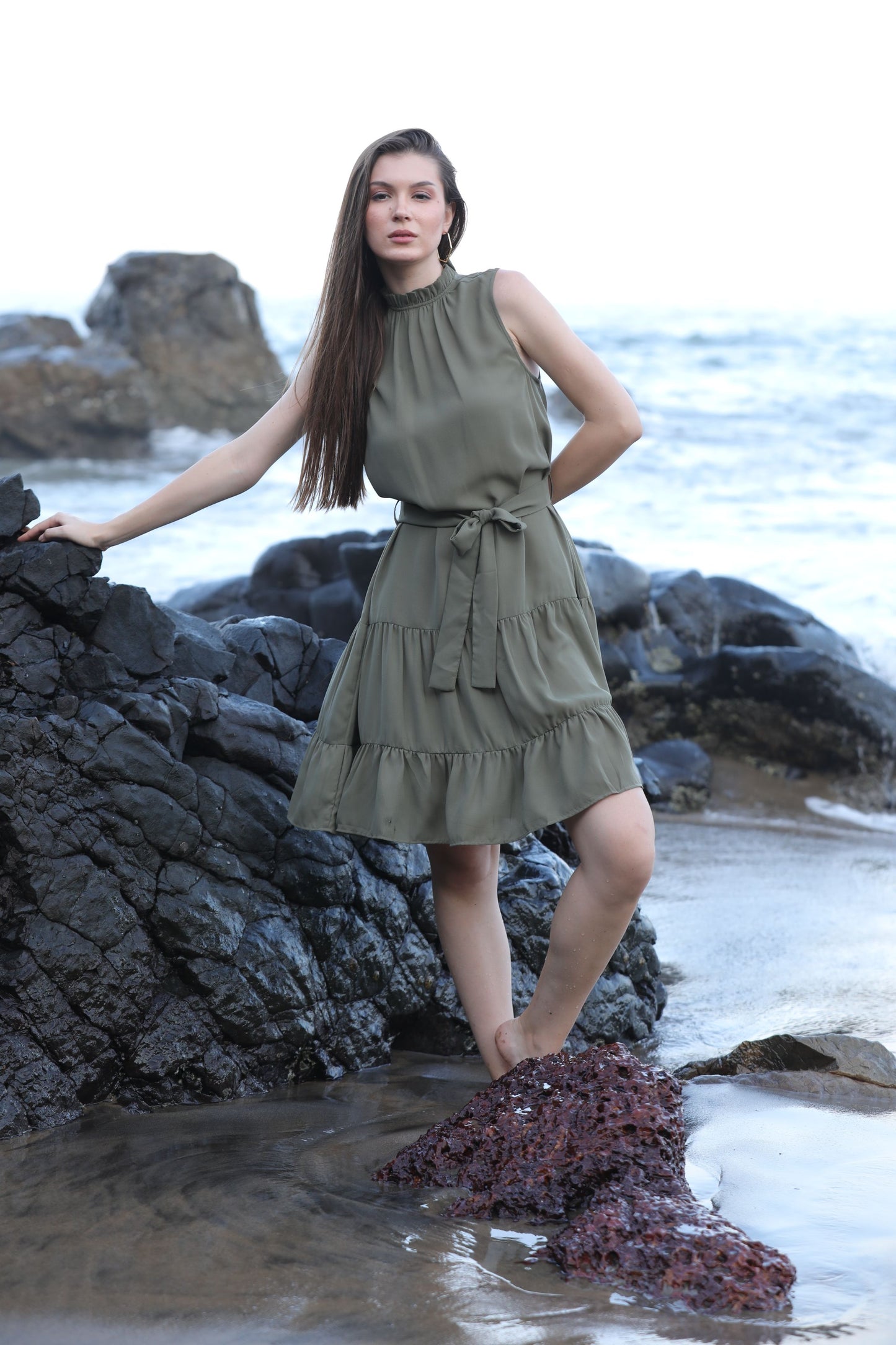 BRAHMOS SLEEVLESS DRESS WITH BELT - OLIVE