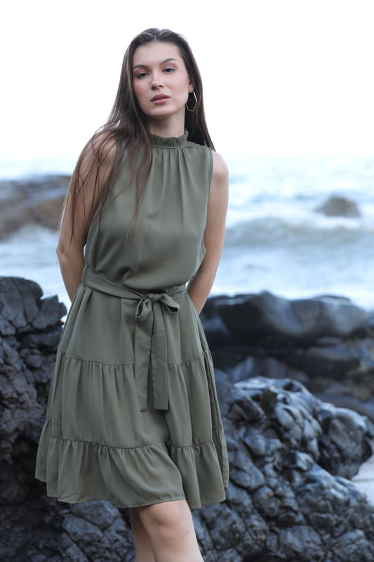 BRAHMOS SLEEVLESS DRESS WITH BELT - OLIVE