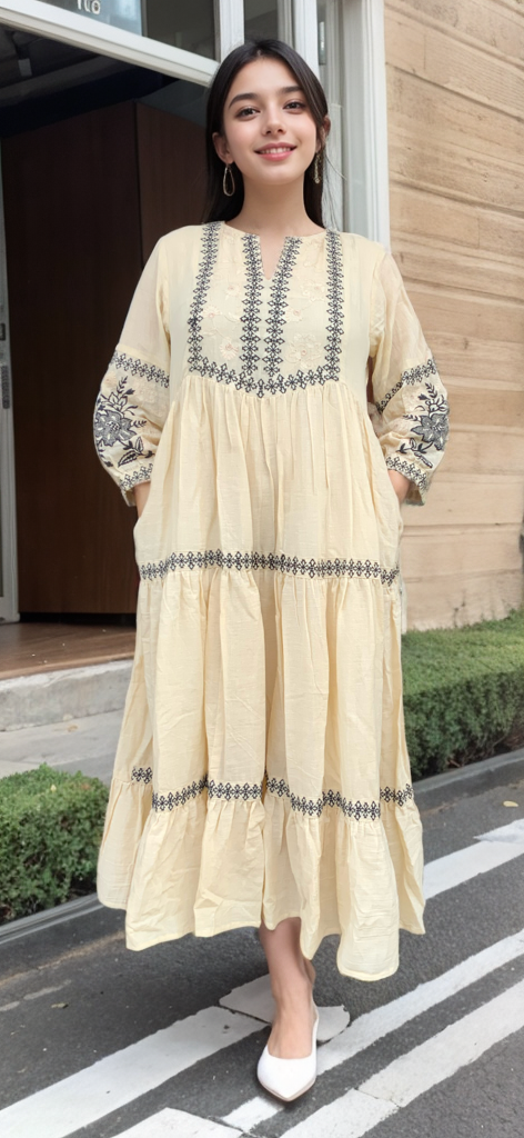 BEIGE EMB LONG DRESS