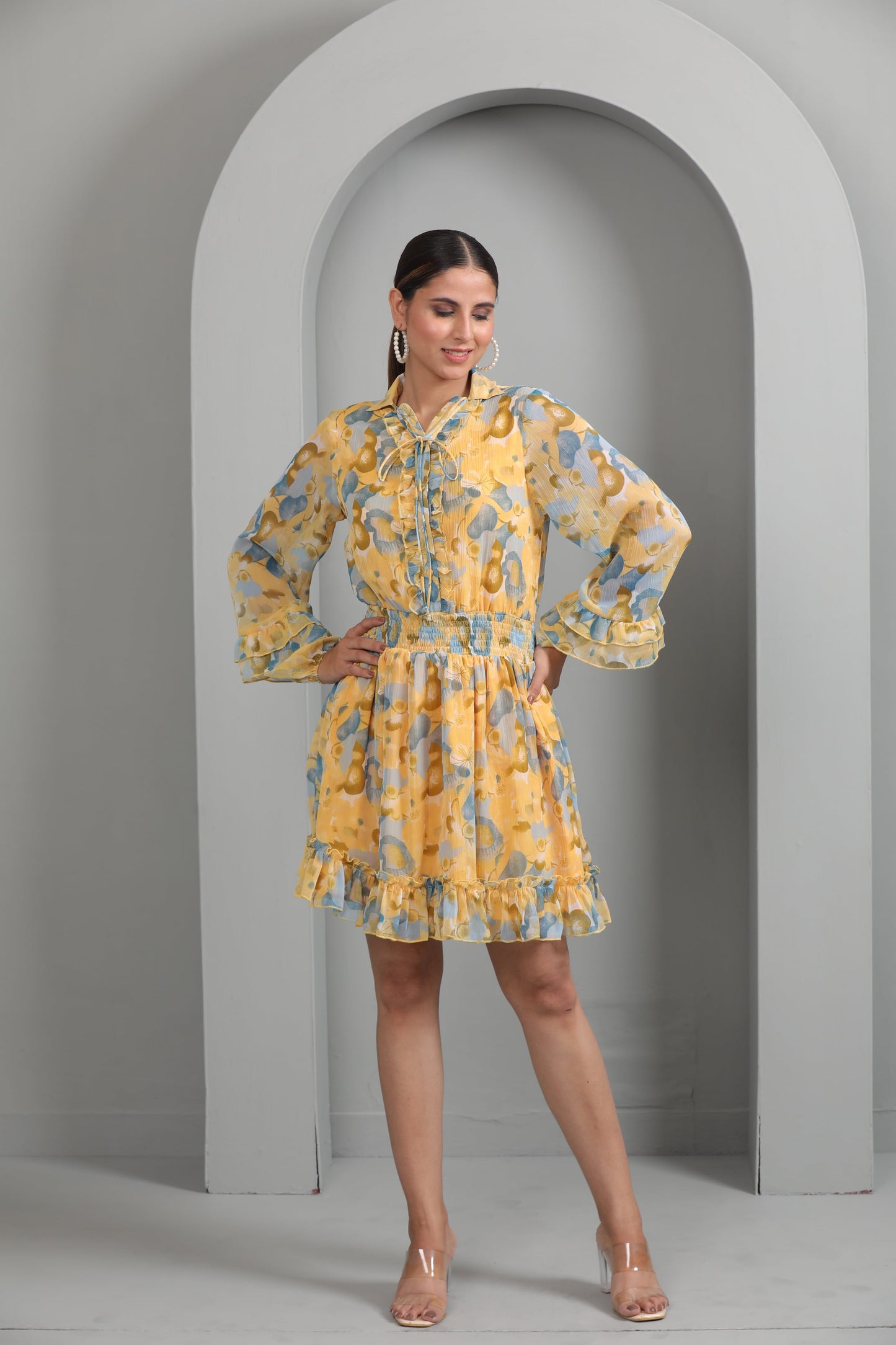 YELLOW PRINTED SHIRT DRESS