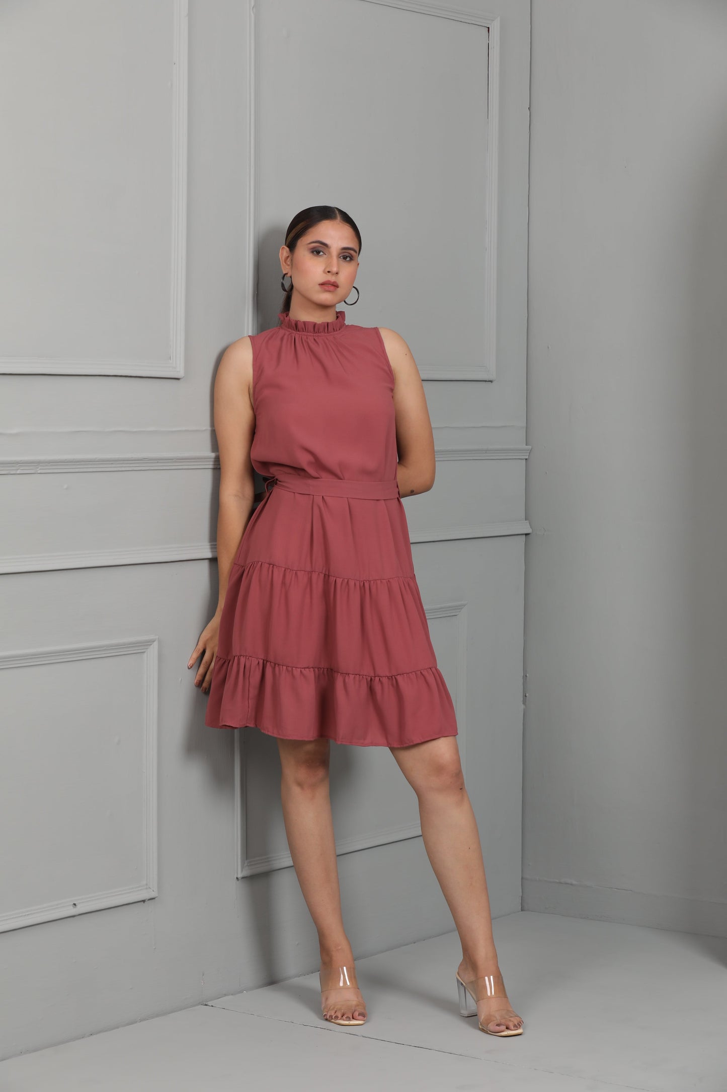 BRAHMOS SLEEVELESS DRESS WITH BELT - FUCHSIA