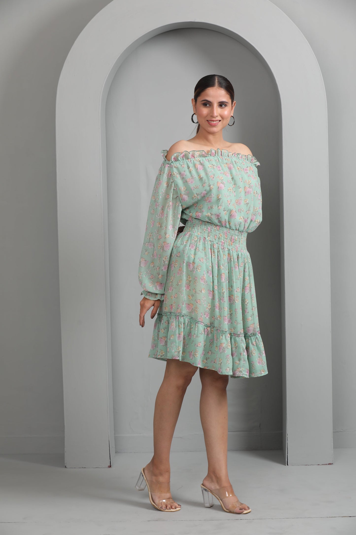 PASTEL GREEN OFF SHOULDER DRESS