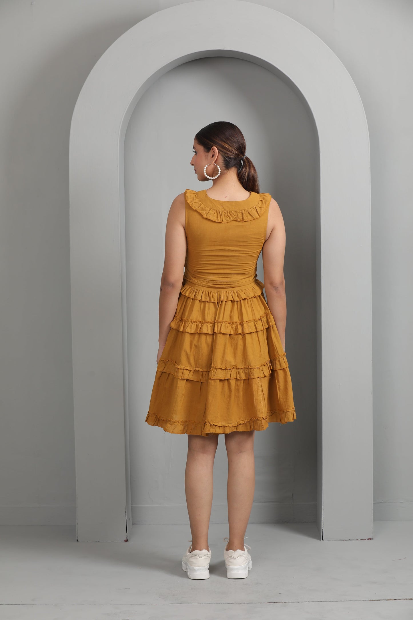 MUSTARD COTTON RUFFLE DRESS