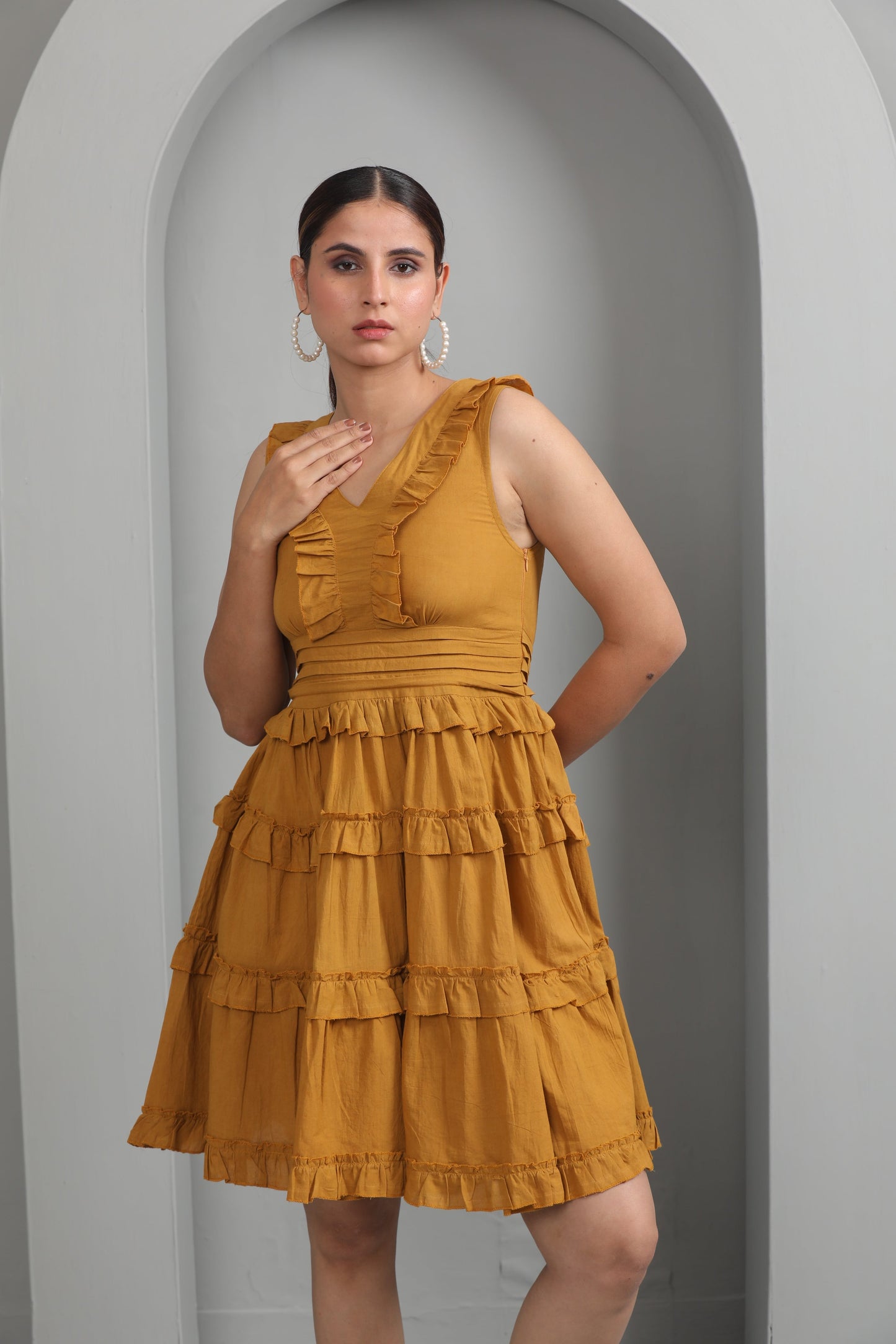 MUSTARD COTTON RUFFLE DRESS