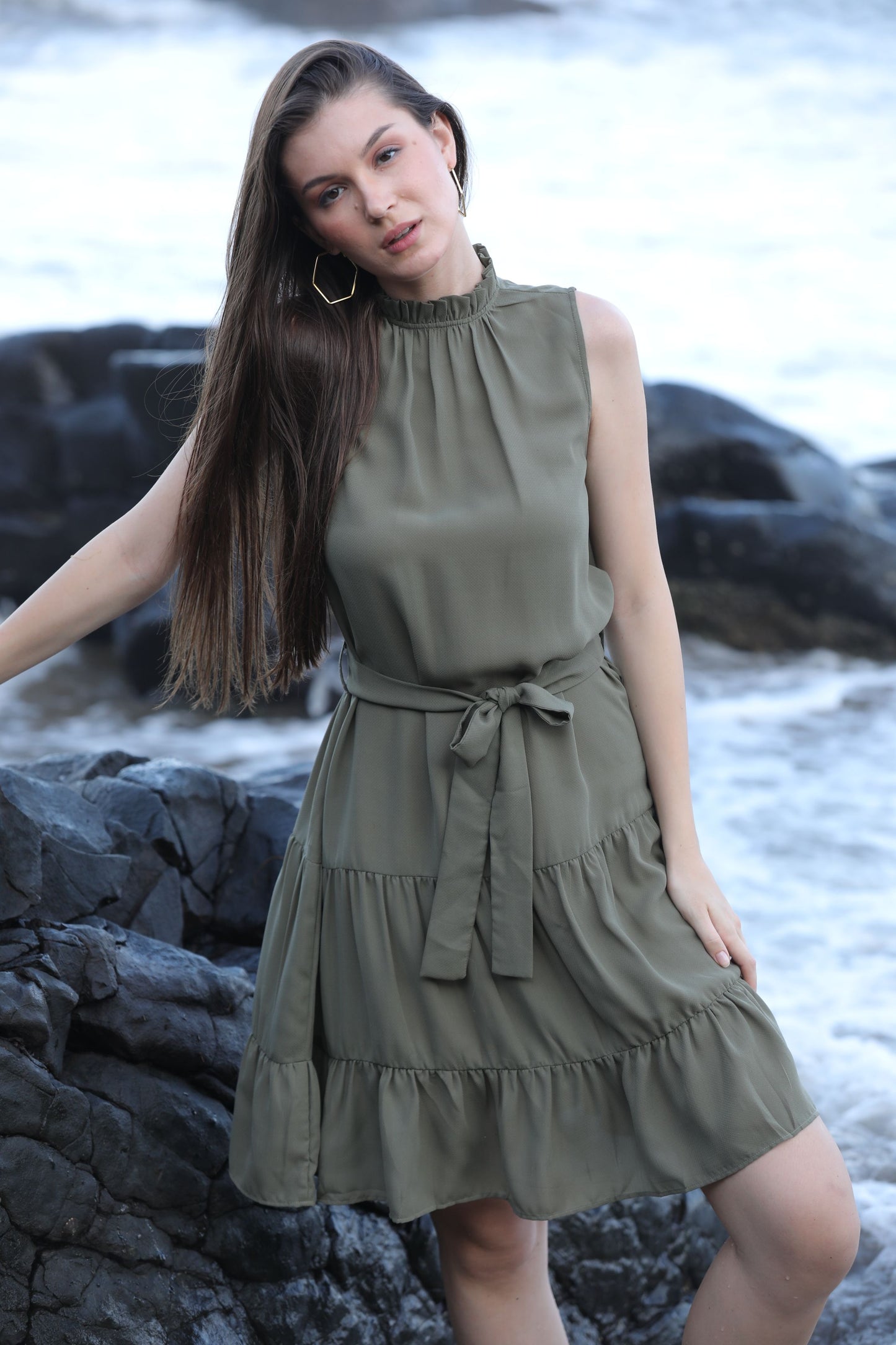 BRAHMOS SLEEVLESS DRESS WITH BELT - OLIVE