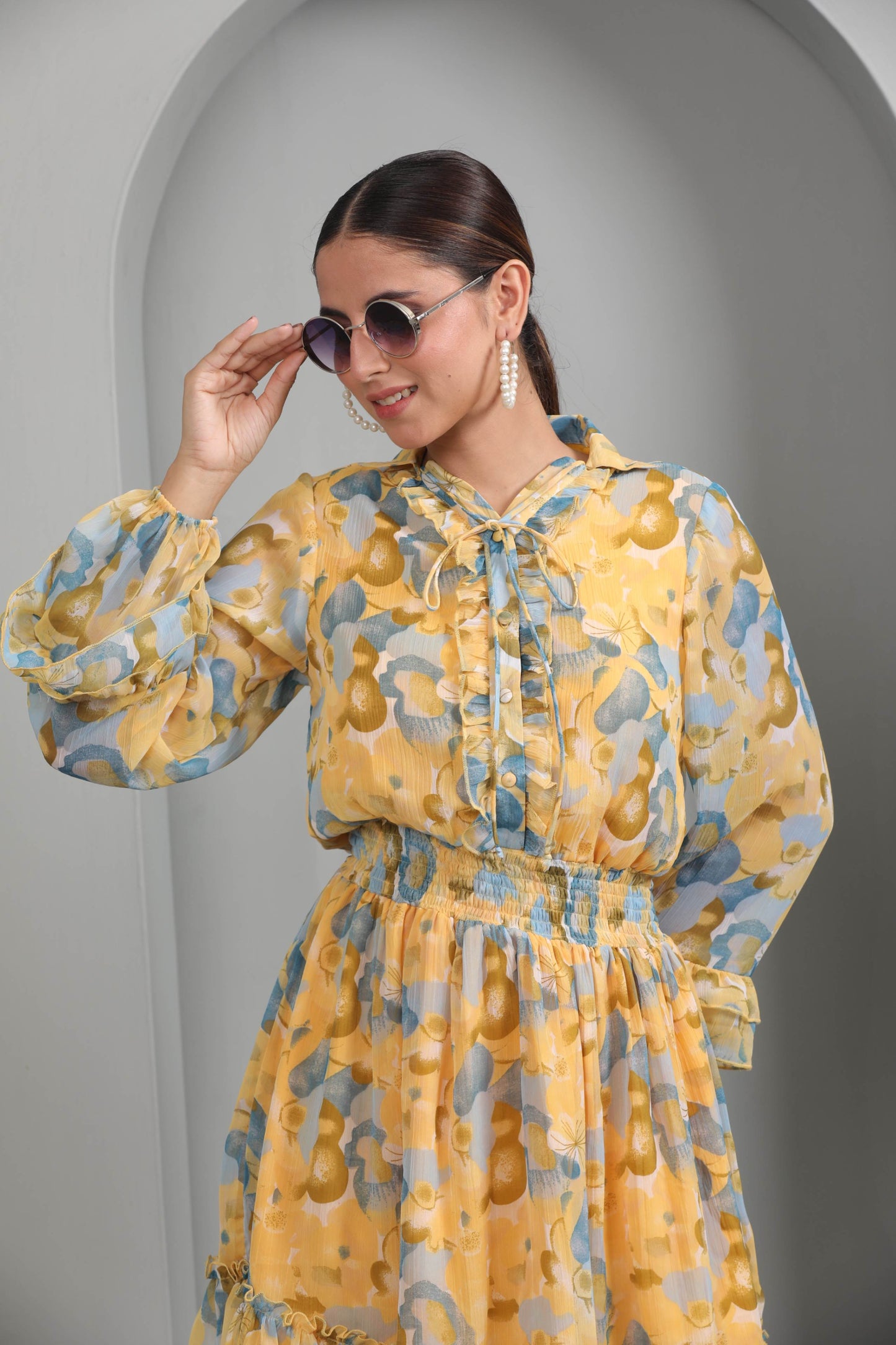 YELLOW PRINTED SHIRT DRESS